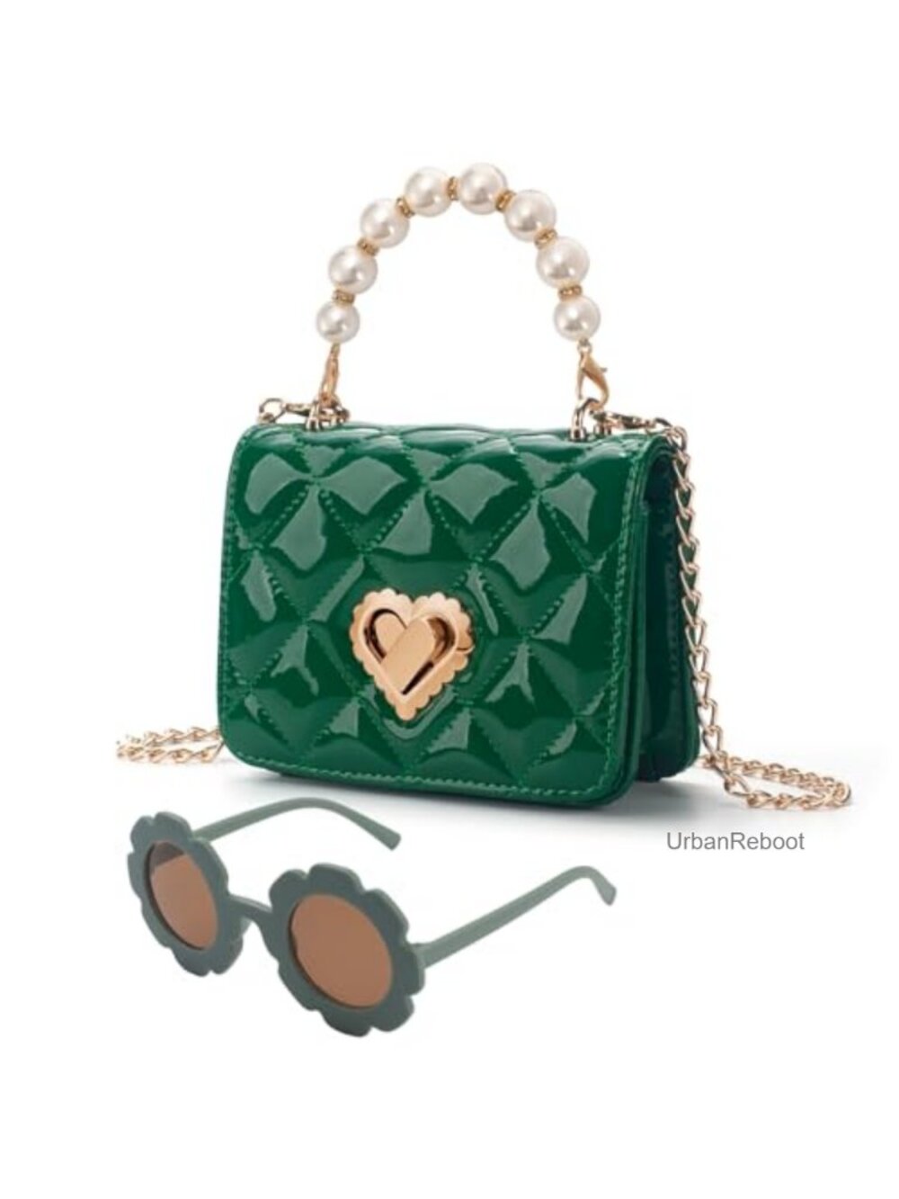 Toddler Girls Heart Lock Purse Beaded Handle Faux Leather with Glasses